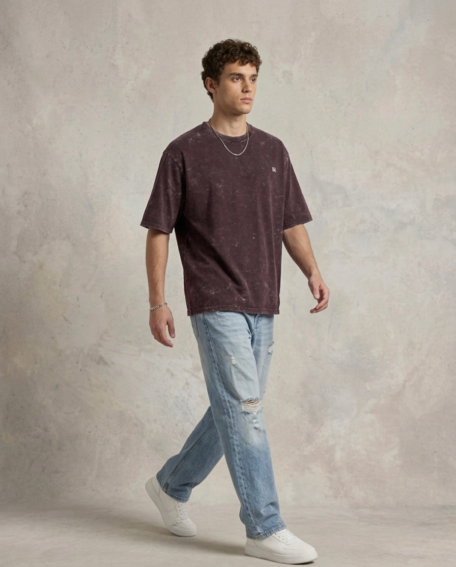Unisex Acid Washed Oversized Tee - Maroon