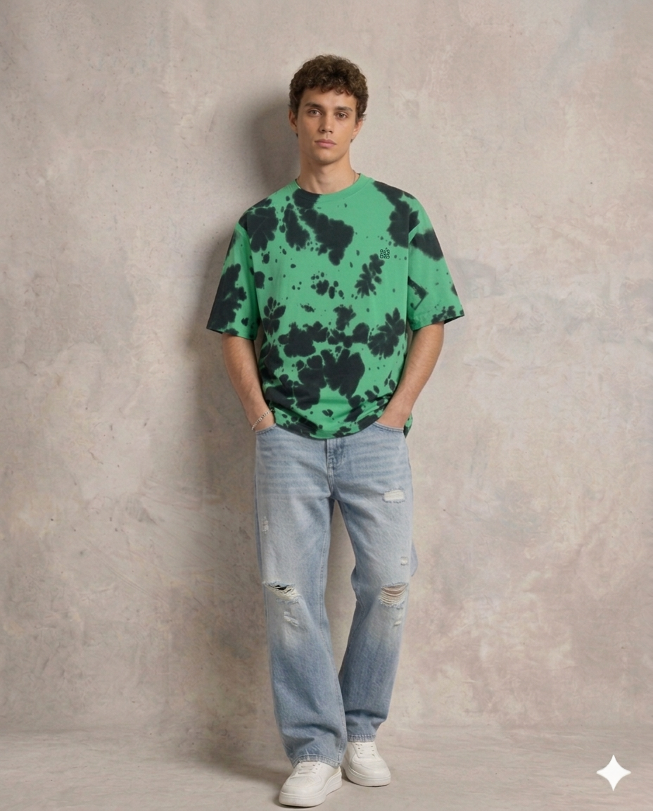 Embroidered Tie Dye Oversized T-Shirt - Green Black