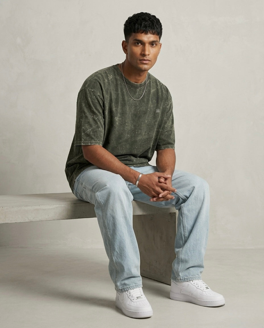Unisex Acid Washed Oversized Tee -Olive Green