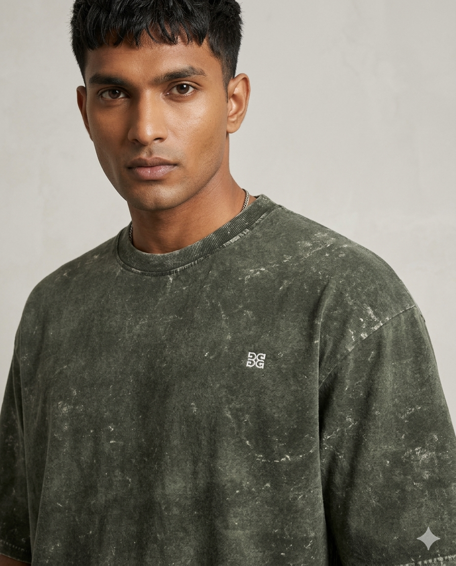 Unisex Acid Washed Oversized Tee -Olive Green