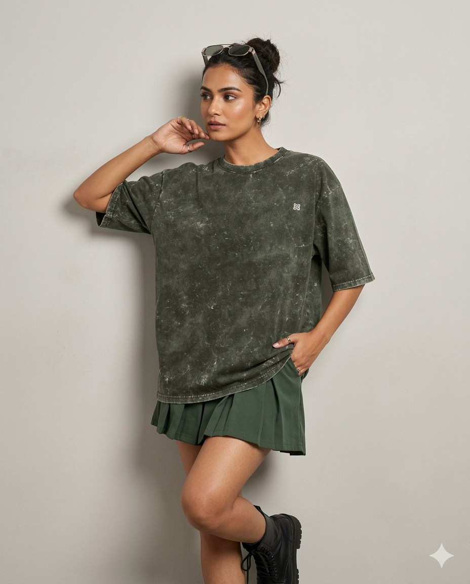 Unisex Acid Washed Oversized Tee -Olive Green