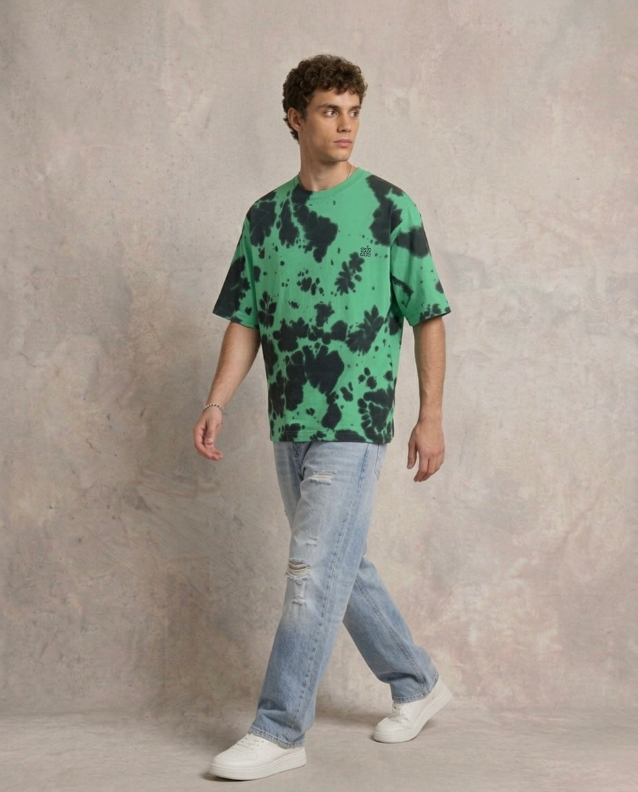 Embroidered Tie Dye Oversized T-Shirt - Green Black