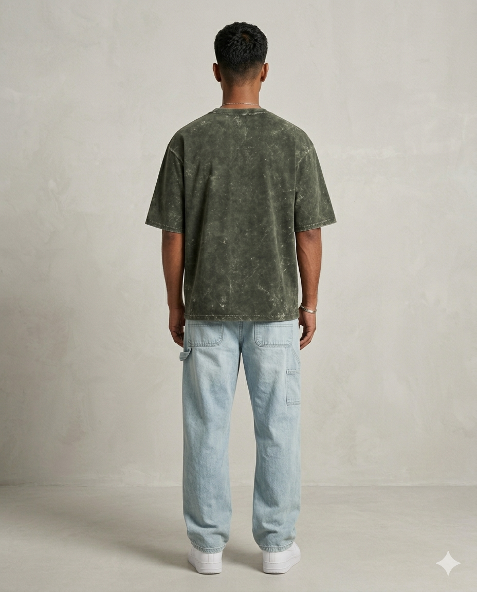 Unisex Acid Washed Oversized Tee -Olive Green