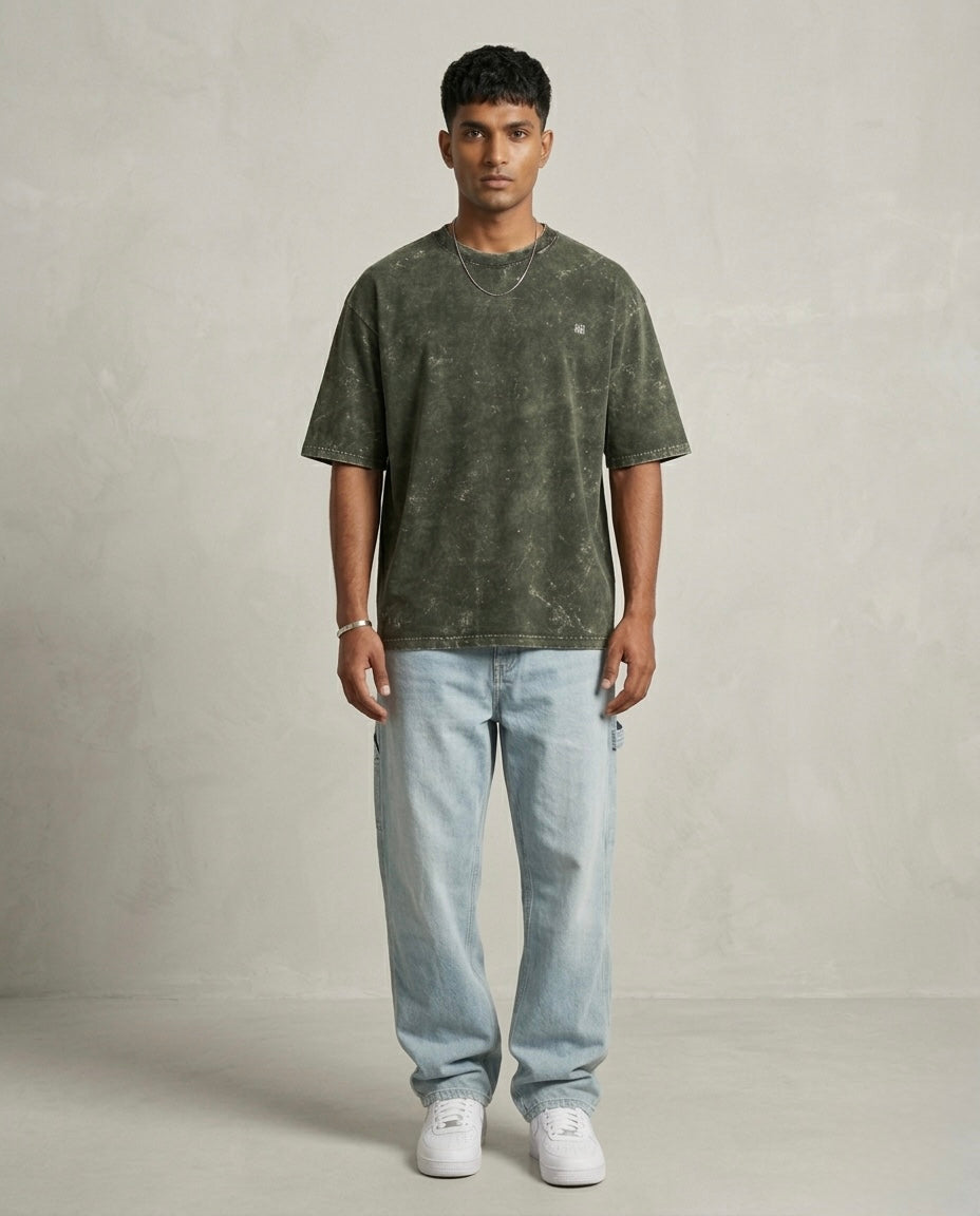 Unisex Acid Washed Oversized Tee -Olive Green