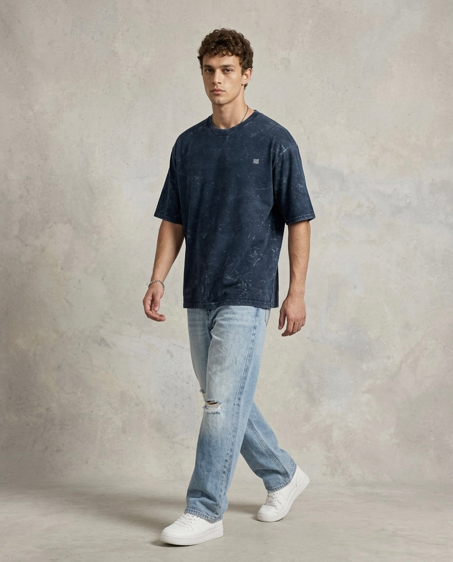 Unisex Acid Washed Oversized Tee - Navy Blue