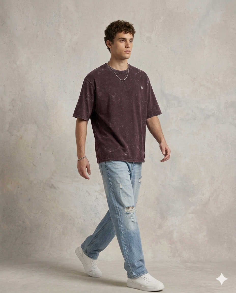 Unisex Acid Washed Oversized Tee - Maroon