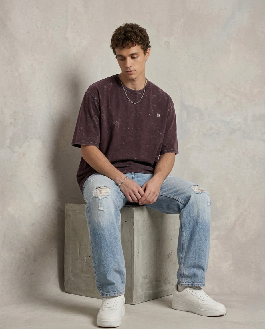 Unisex Acid Washed Oversized Tee - Maroon