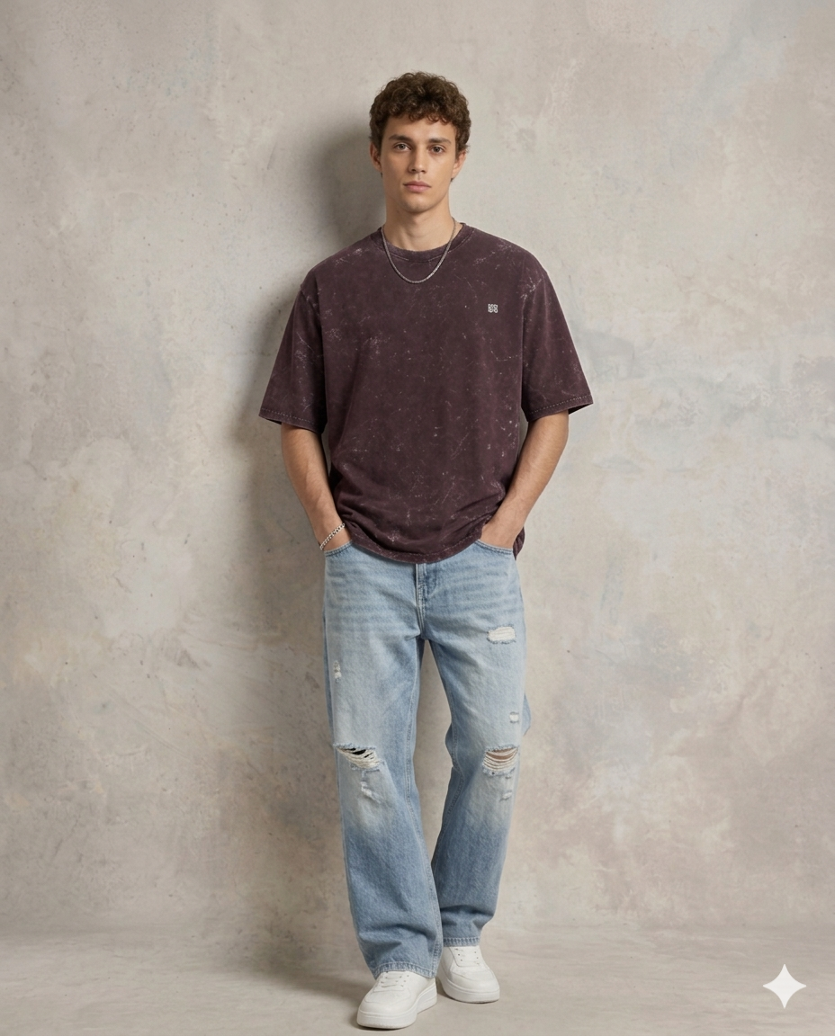 Unisex Acid Washed Oversized Tee - Maroon