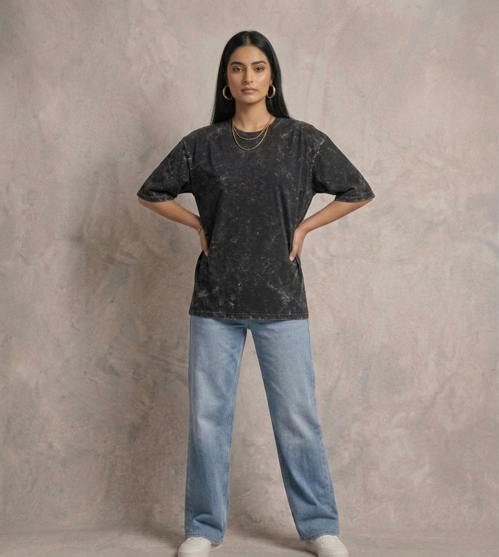 Unisex Acid Washed Oversized T-Shirt - Black