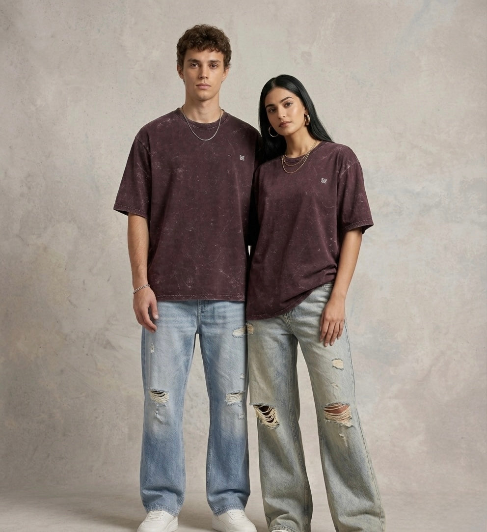 Unisex Acid Washed Oversized T-Shirt - Maroon