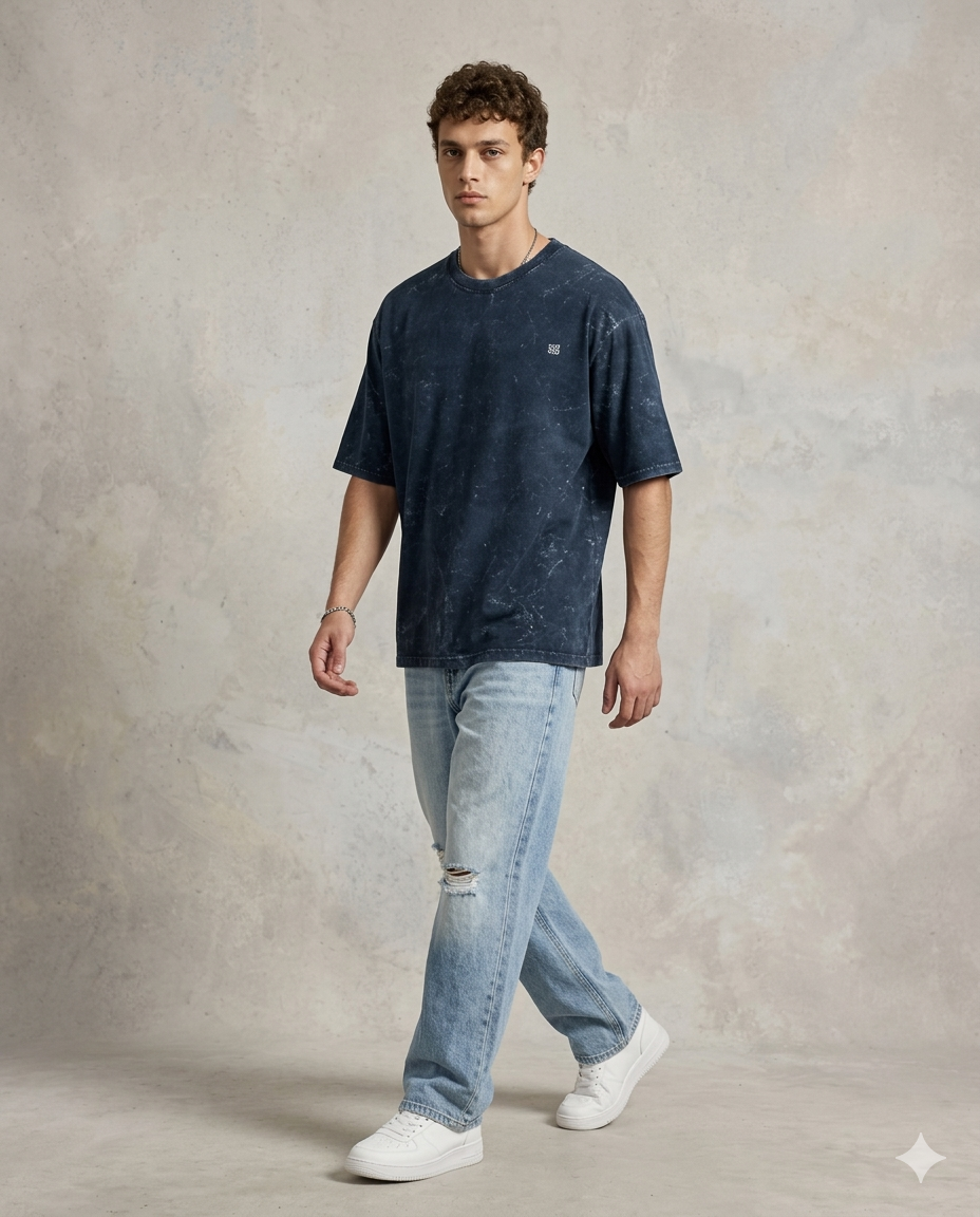 Unisex Acid Washed Oversized Tee - Navy Blue