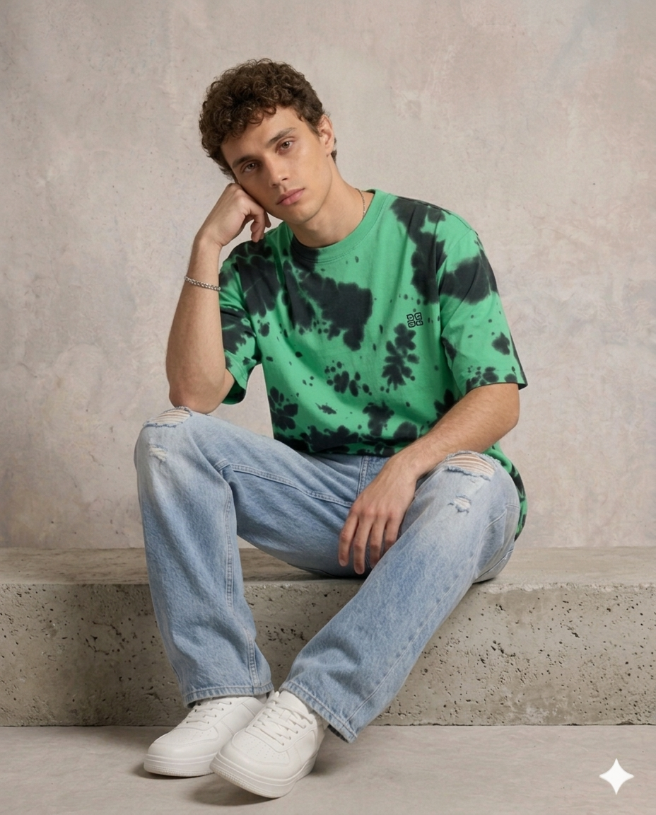 Embroidered Tie Dye Oversized T-Shirt - Green Black