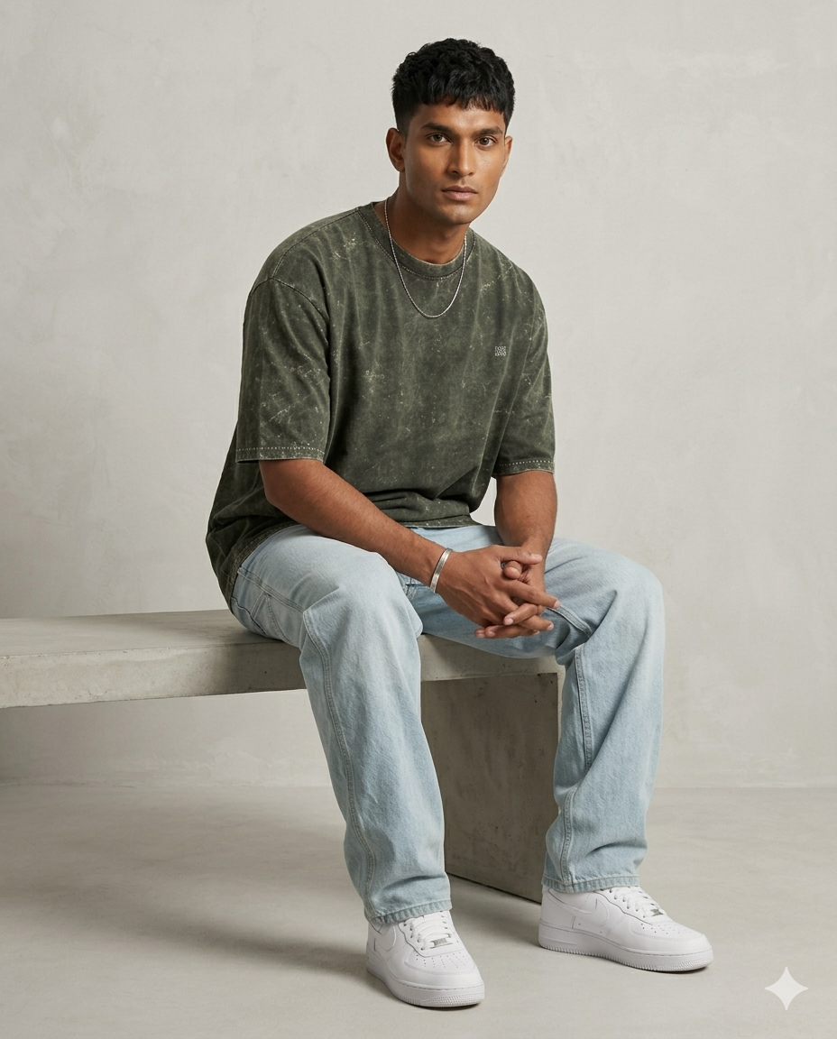 Unisex Acid Washed Oversized Tee -Olive Green