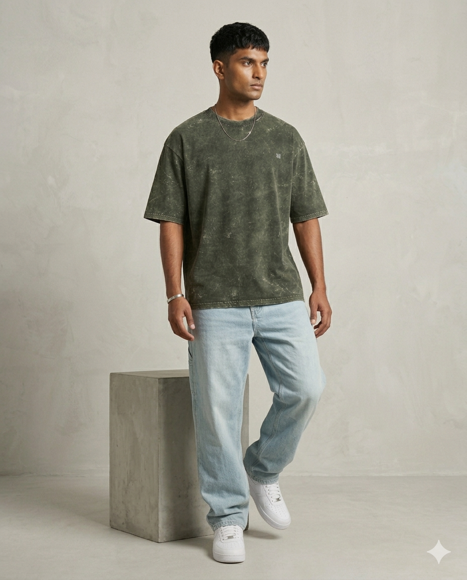 Unisex Acid Washed Oversized Tee -Olive Green