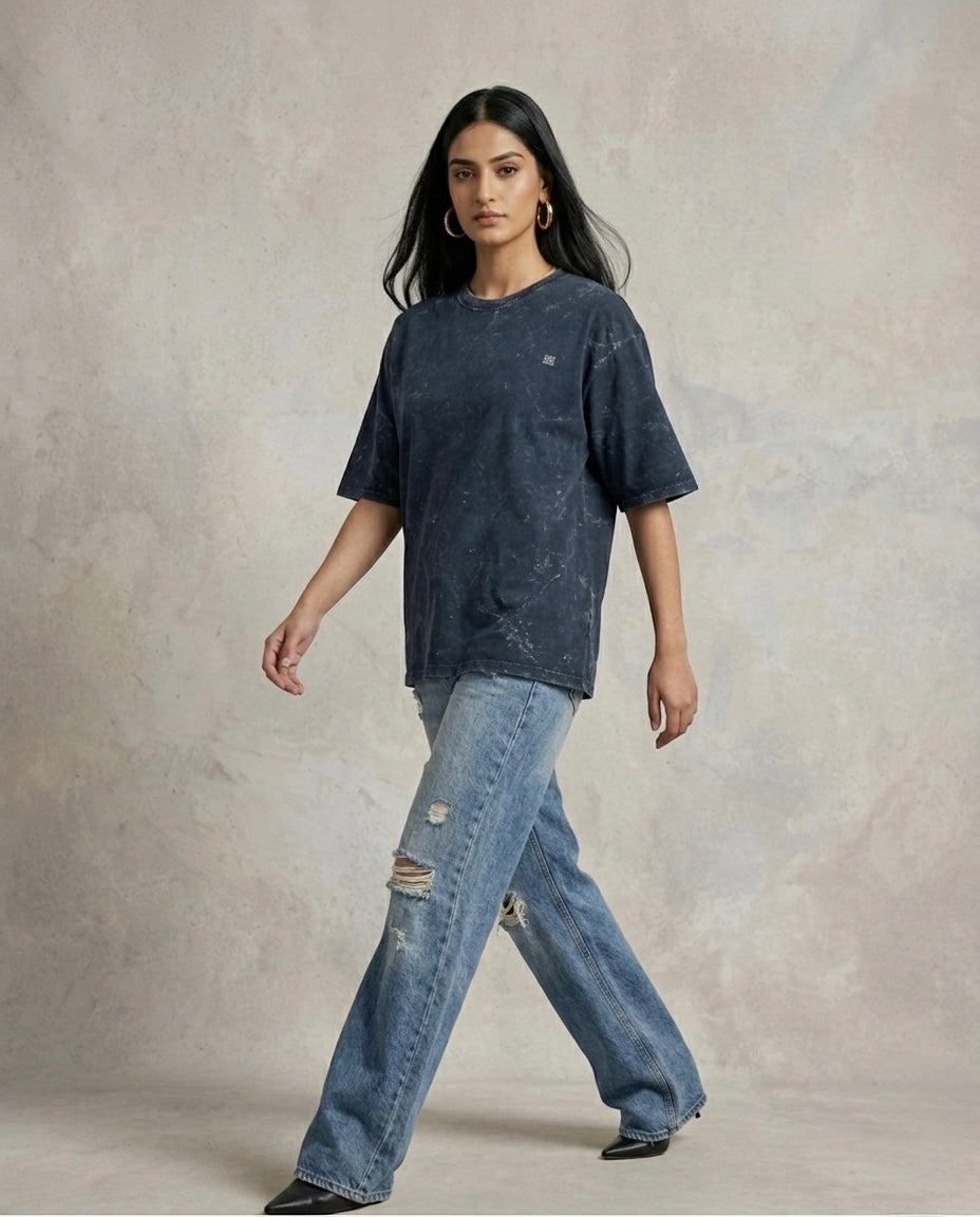 Unisex Acid Washed Oversized T-Shirt - Navy Blue