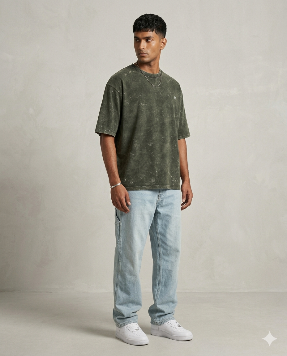 Unisex Acid Washed Oversized Tee -Olive Green