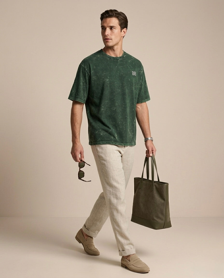 Unisex Acid Washed Oversized Tee - Bottle Green