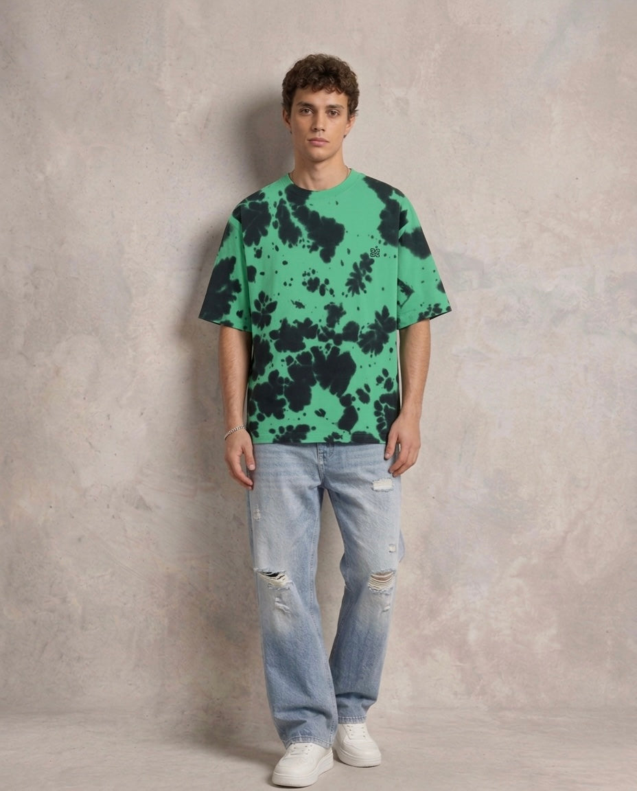Embroidered Tie Dye Oversized T-Shirt - Green Black