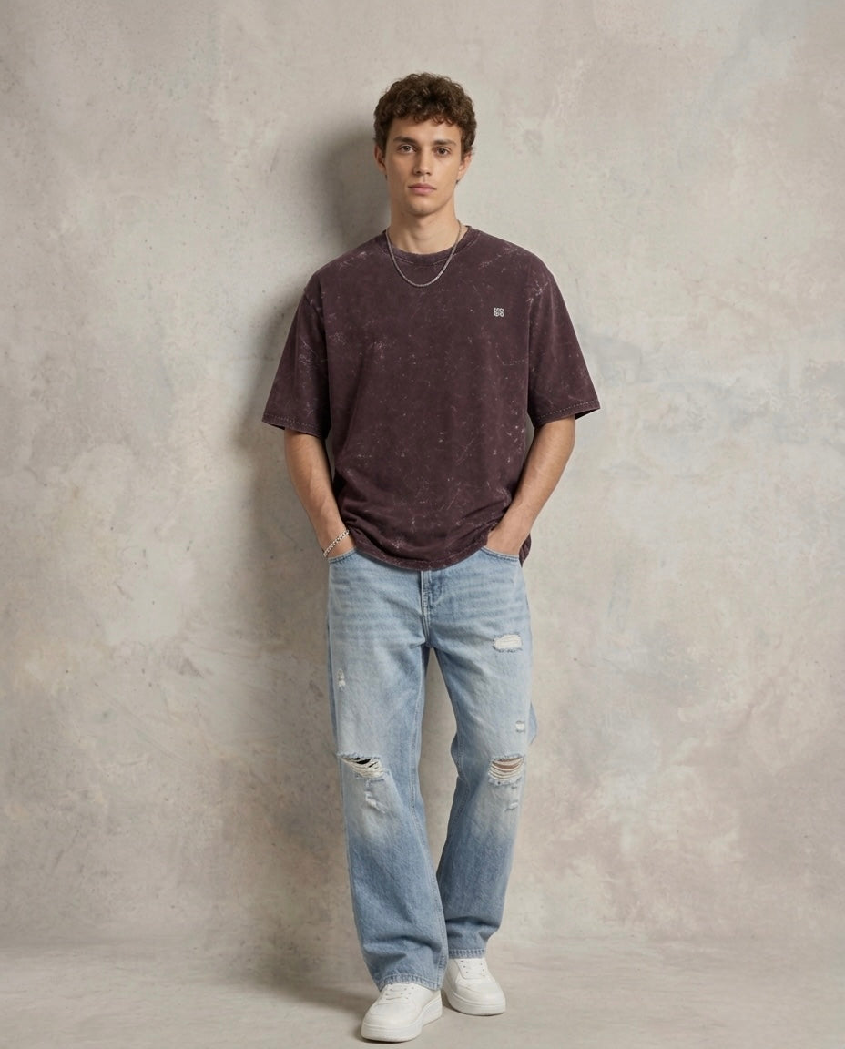 Unisex Acid Washed Oversized Tee - Maroon