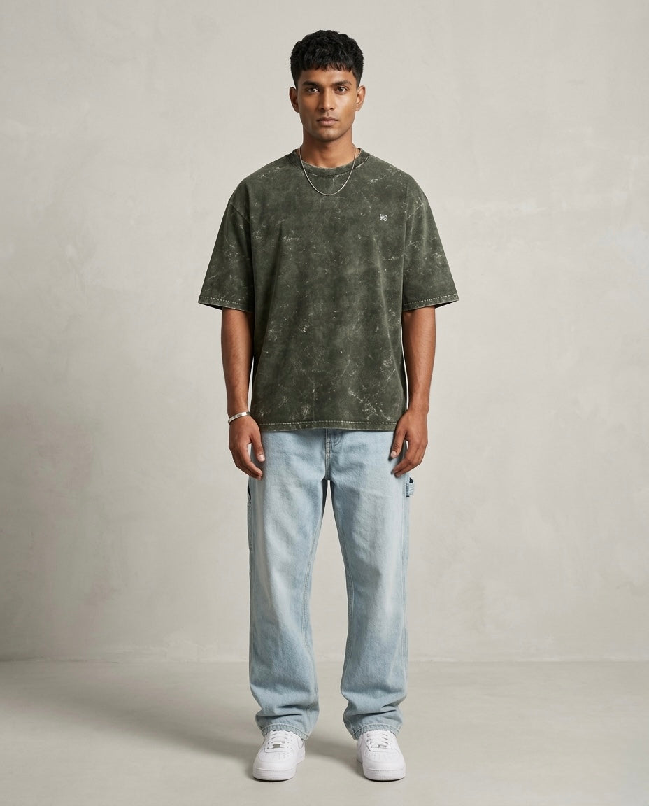 Unisex Acid Washed Oversized Tee -Olive Green
