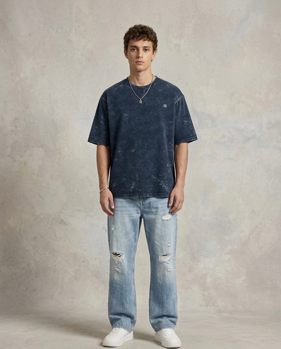 Unisex Acid Washed Oversized Tee - Navy Blue