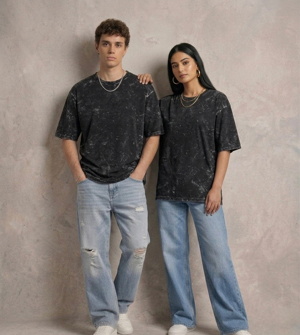 Unisex Acid Washed Oversized T-Shirt - Black