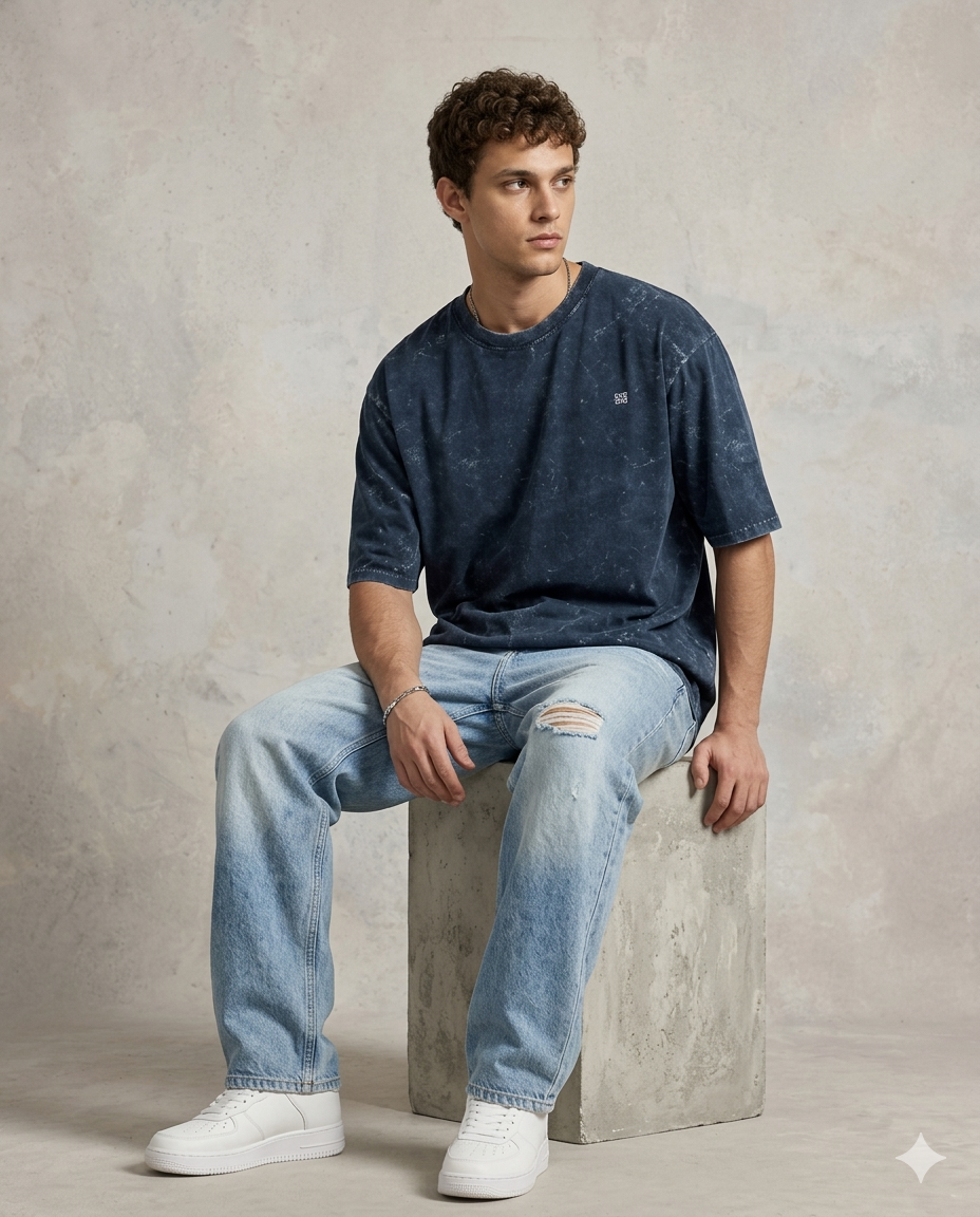 Unisex Acid Washed Oversized Tee - Navy Blue