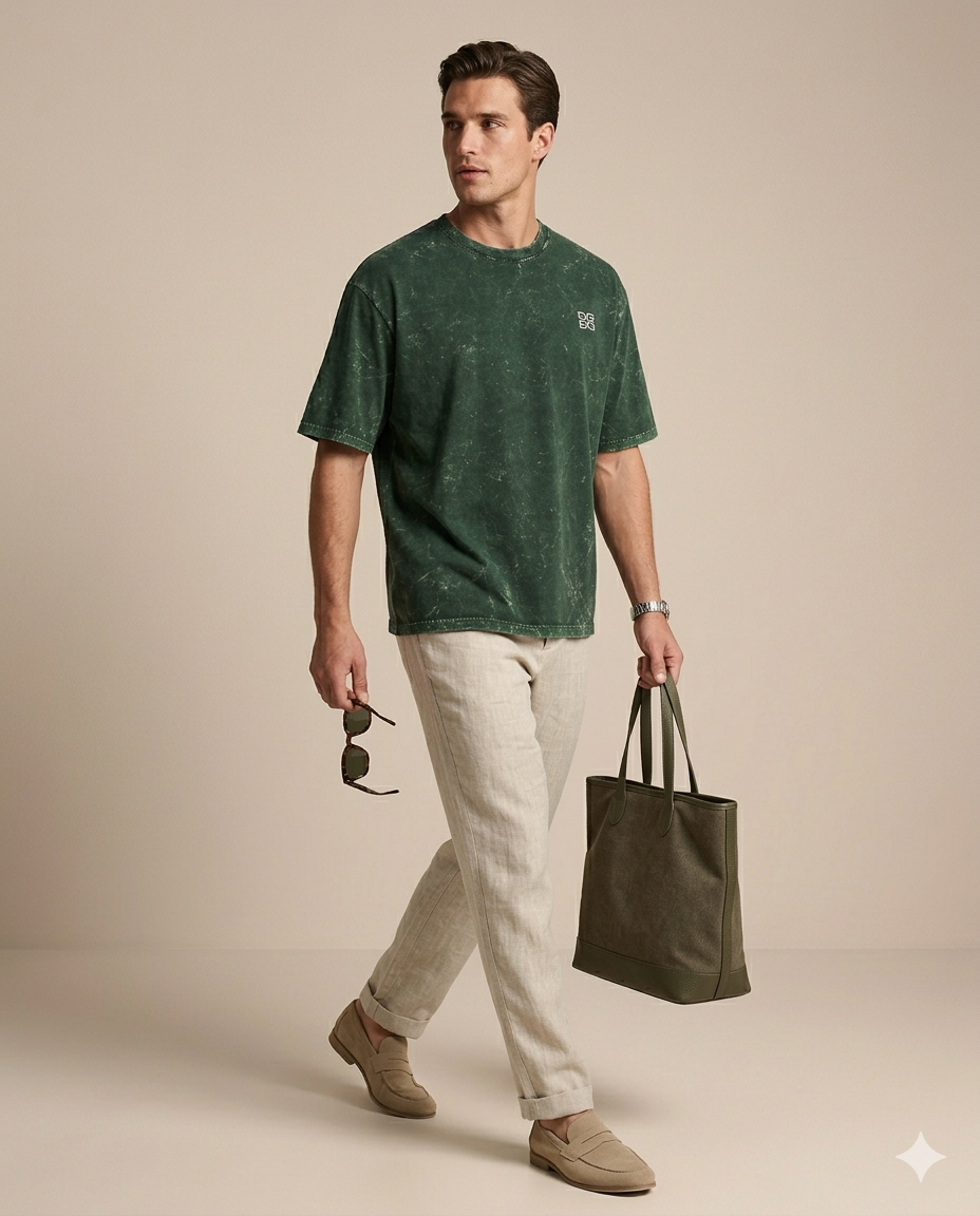 Unisex Acid Washed Oversized Tee - Bottle Green