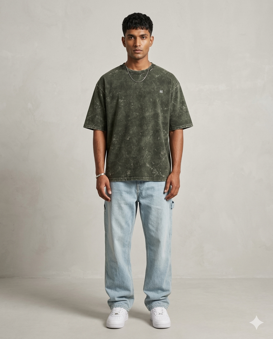 Unisex Acid Washed Oversized Tee -Olive Green