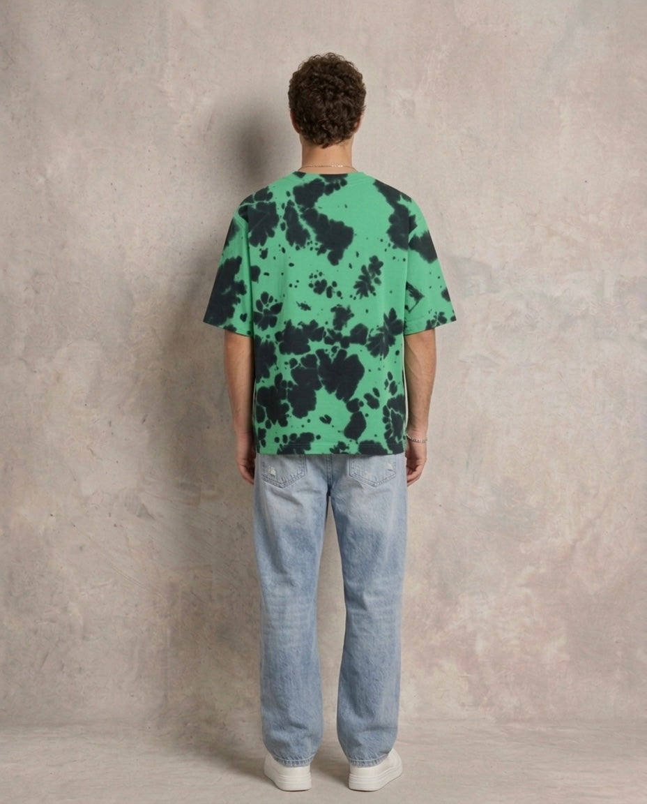 Embroidered Tie Dye Oversized T-Shirt - Green Black