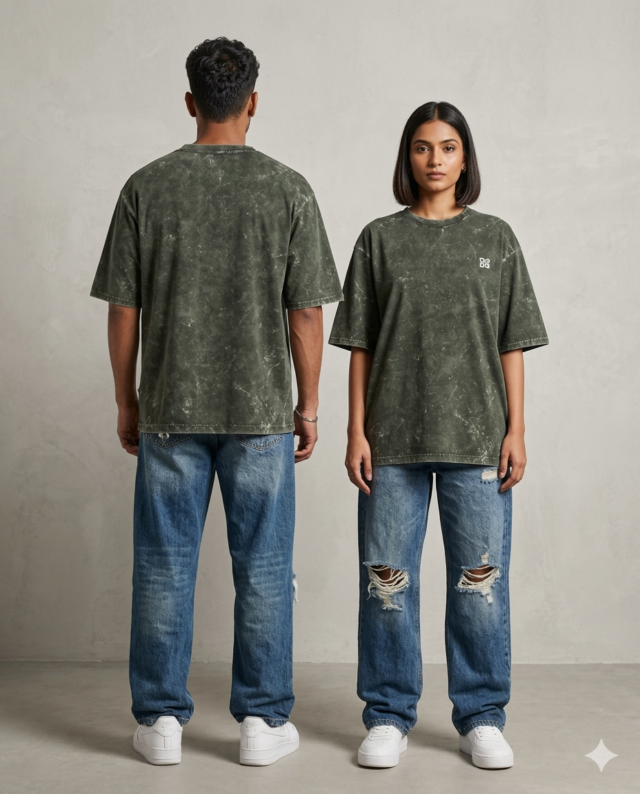 Unisex Acid Washed Oversized Tee -Olive Green