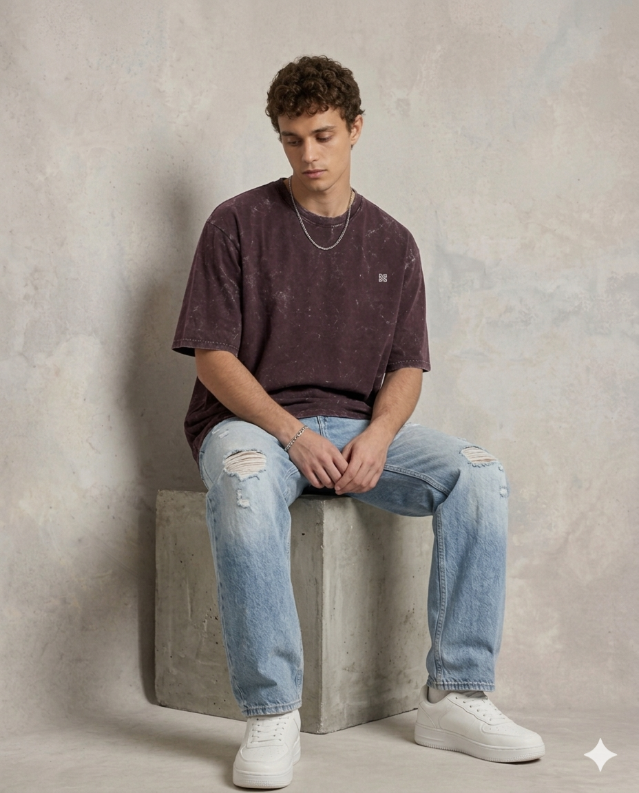 Unisex Acid Washed Oversized Tee - Maroon