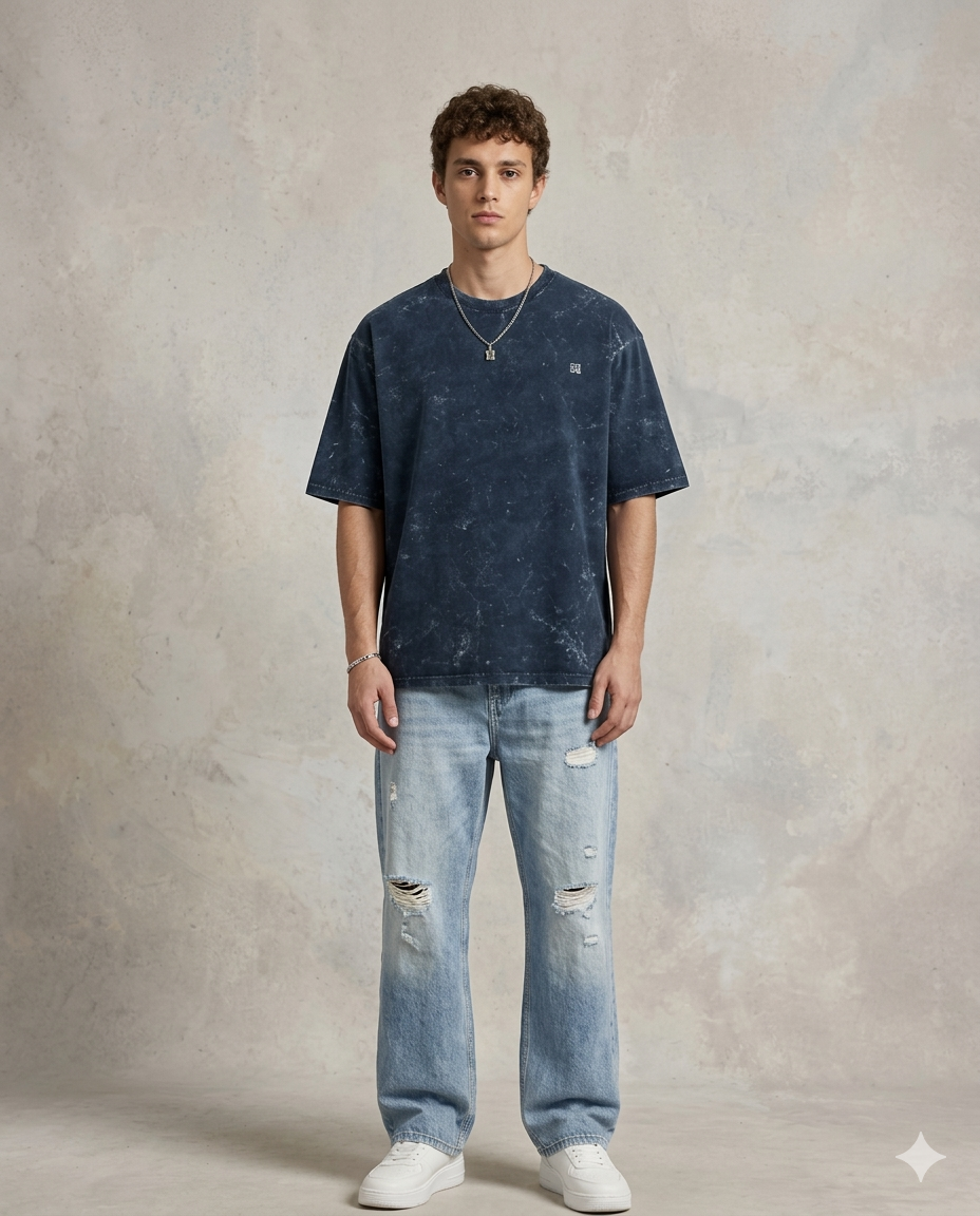 Unisex Acid Washed Oversized Tee - Navy Blue