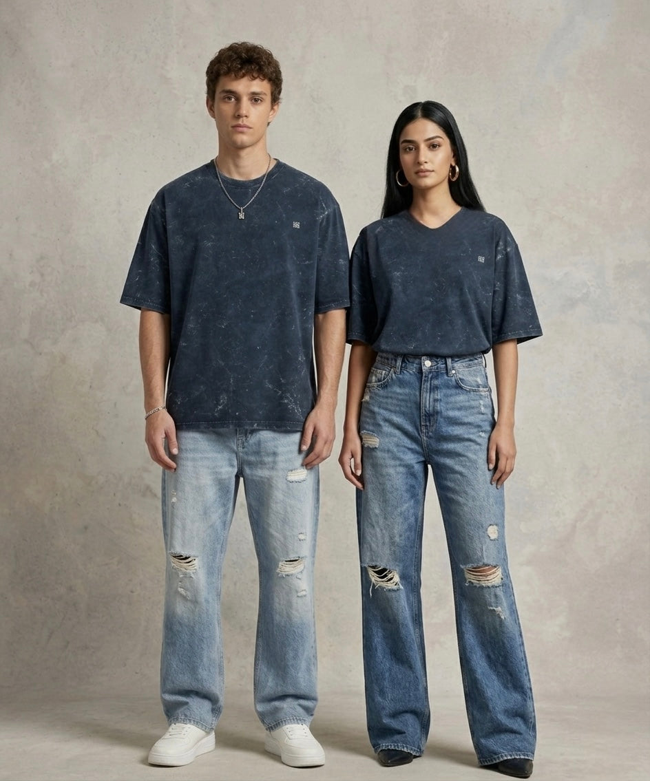 Unisex Acid Washed Oversized T-Shirt - Navy Blue