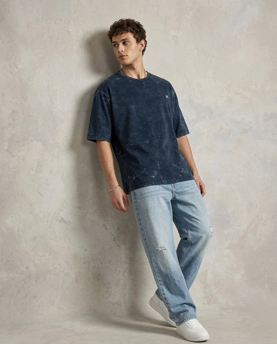 Unisex Acid Washed Oversized Tee - Navy Blue