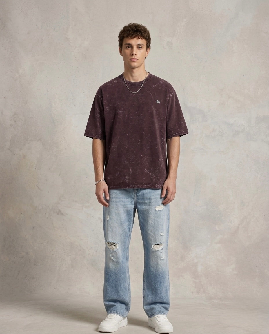 Unisex Acid Washed Oversized Tee - Maroon