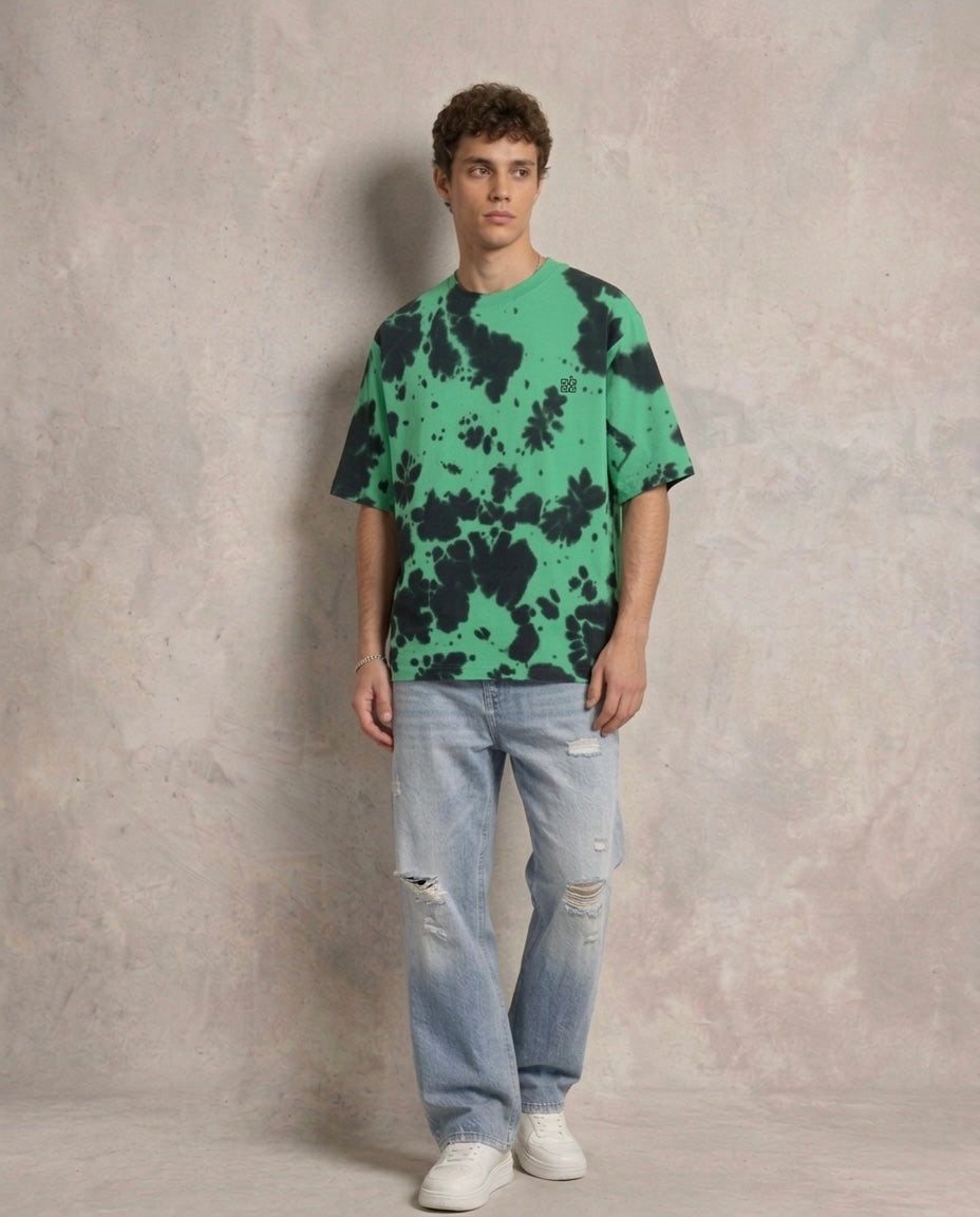 Embroidered Tie Dye Oversized T-Shirt - Green Black