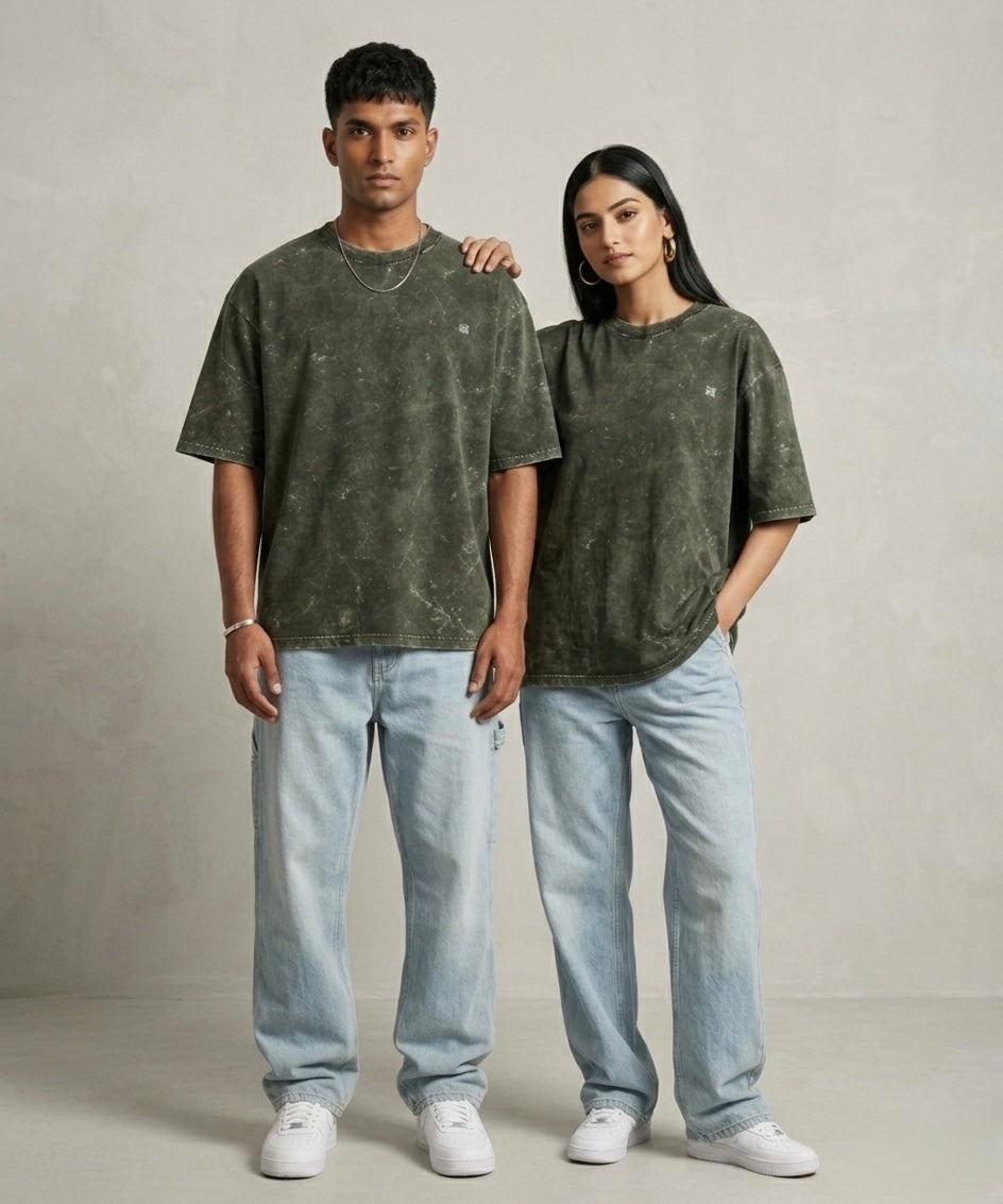 Unisex Acid Washed Oversized T-Shirt - Olive Green