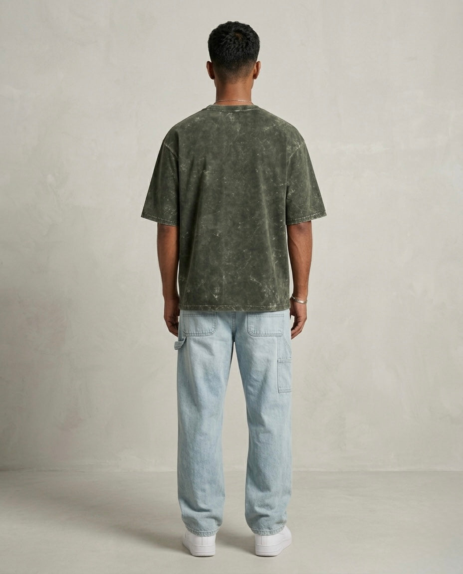 Unisex Acid Washed Oversized Tee -Olive Green