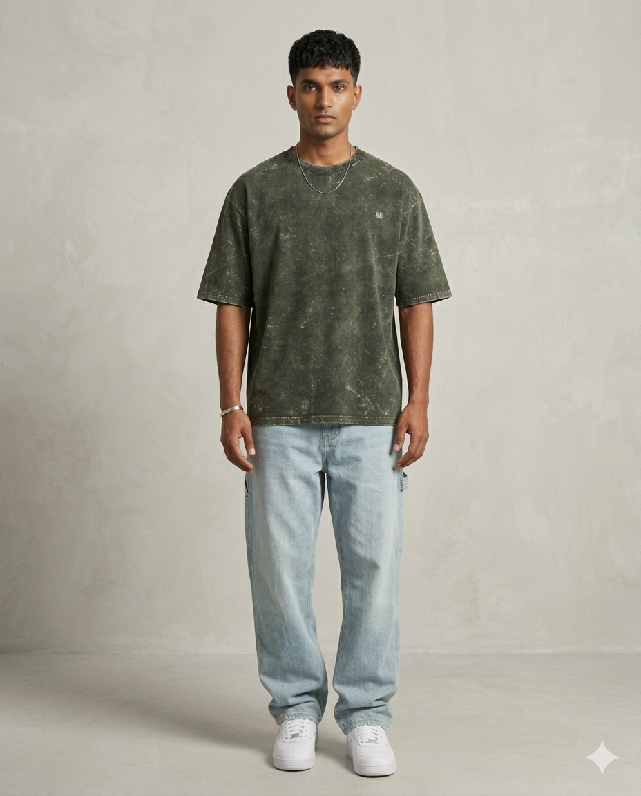 Unisex Acid Washed Oversized Tee -Olive Green