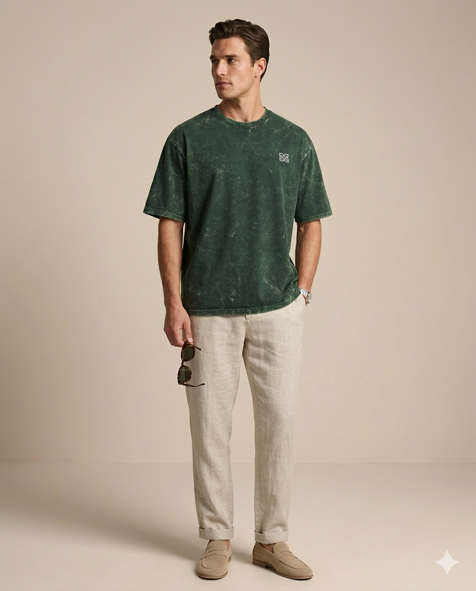 Unisex Acid Washed Oversized Tee - Bottle Green